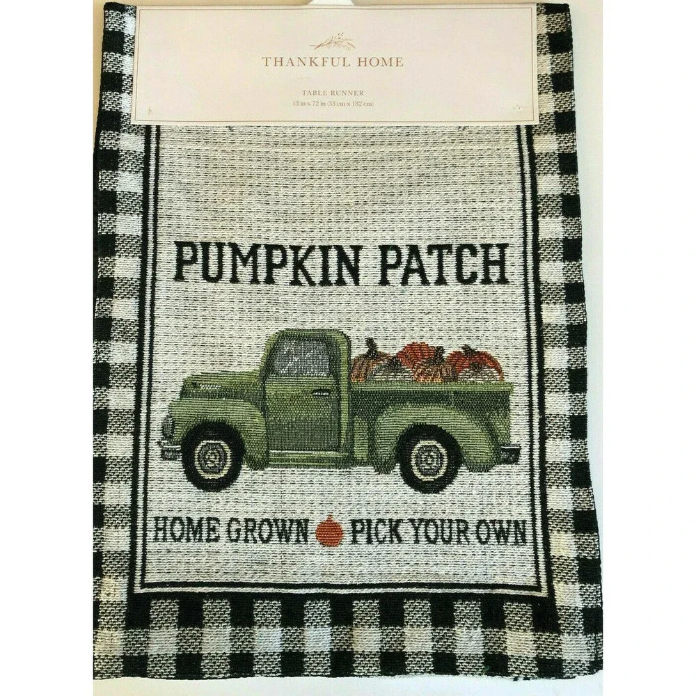 Thanksgiving Farm Truck Table Runner Fall Pumpkins Buffalo Check 13x72